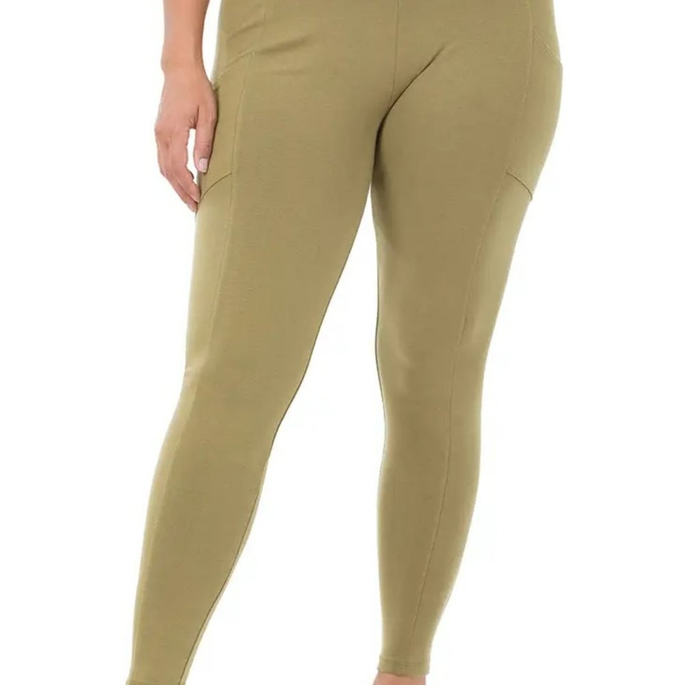 NEW 1X- Large W/Pockets KHAK Plus Size Premium Cotton Waistband Leggings - Picture 2 of 6